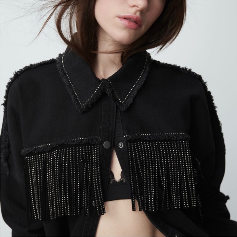 Zara black jean fringe jacket